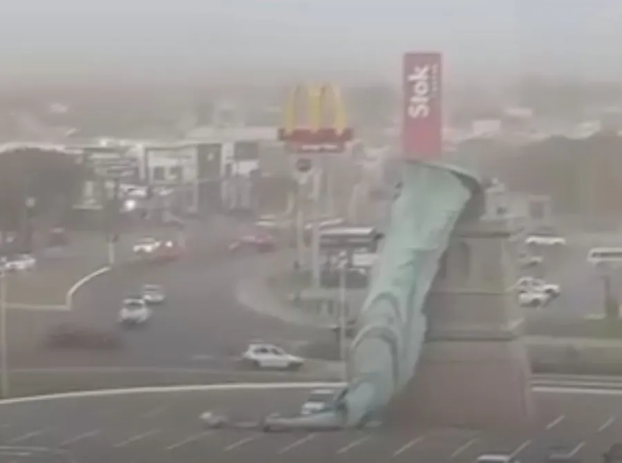 Estátua de loja da Havan desaba durante ventania no Rio Grande do Sul