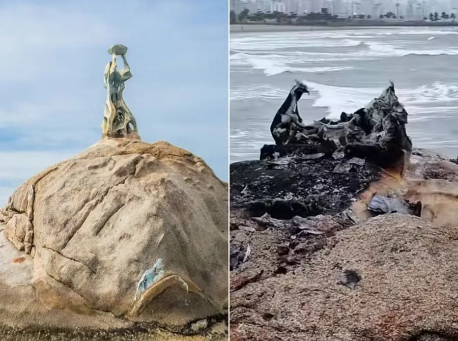 Incêndio destrói estátua da Feiticeira em São Vicente, no litoral de SP